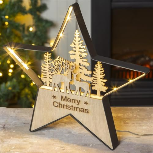 Bambelaa! LED, julstjärna, trä, metall, god juldekoration, stjärna, varma vita lampor, batteridriven vinterdekoration, bordsdekoration, julbelysning ca 25 x 2 x 23,5 cm