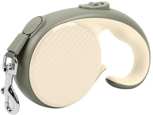Doklasu Retractable Dog Leash 5m/16ft Dog Leads with Anti-Slip Ergonomic Handle for Small Medium Dogs up to 25kg/55lbs, One-Handed Brake, 360° Tangle-Free Nylon Tape,Cream