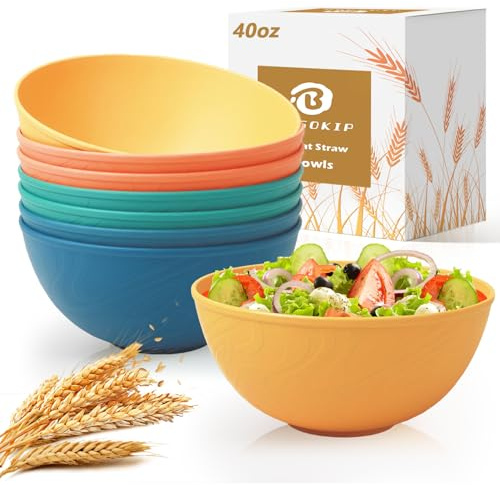 BUSOKIP 40OZ Wheat Straw Bowls Sets of 8, Unbreakable & Thick Ramen Bowl, Microwave & Dishwasher Safe Large Soup Bowls, Reusable Plastic Cereal Bowls for Party, Camping, Patio Dinning, RVs- Multi