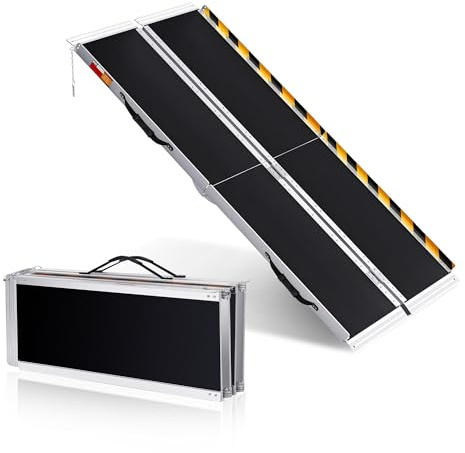 Rullstolsramp, hopfällbar aluminiumramp med halkfri yta, lastramp, kapacitet 272 kg, dim.244L x 74 l, för trappsteg, skoter för bil och trappor, svart