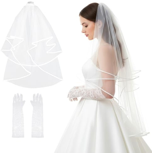 Matwsec 2pcs Wedding Veil for Brides, Bridal Veil, Veils with Gloves for Women Wedding White Bridal Veils with Comb for Bachelorette Party