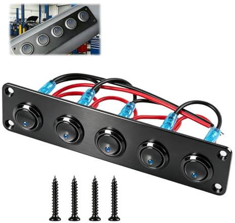 5 Bandas con LED Azul Panel de Interruptores Basculantes, Interruptores de Palanca SPST Ronda 12-24V para Control de Dispositivos Electrónicos en Coche, Caravana, Camión, Barco y Yate,Montaje Fácil