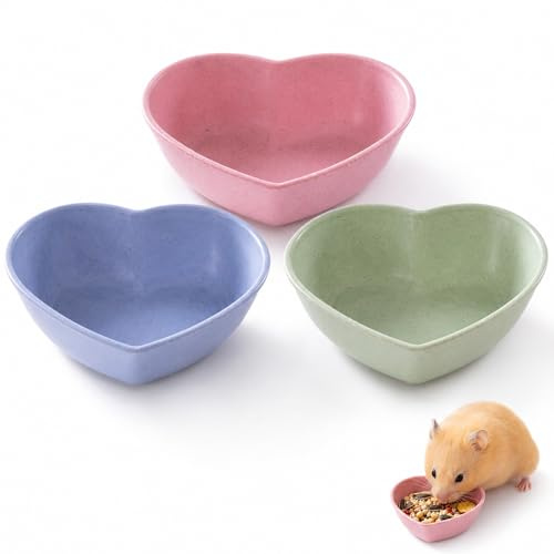 3 ciotole per alimenti per piccoli animali a forma di cuore, in plastica, per criceti, porcellini d'India, ricci, gerbilli e conigli (blu, verde, rosa)