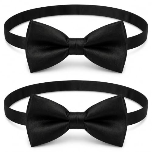 VoKiss 2 PCS Pre Tied Bow Ties for Men, Black Satin, Wedding Party | Men's Pre-Tied Bow Tie, Adjustable Neck Size, Satin Fabric, Suitable for Adults Kids Pets, Formal Wedding Party Essential
