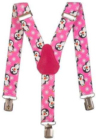 Olata Bretelle per Bambini a Forma di Y, Elastiche, Motivo con Pinguini (1-5 Anni), 2,5 cm. Rosa