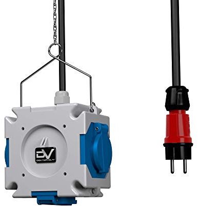 Doktorvolt Baustromverteiler, Energiewürfel Stromverteiler mDV 3x230V Schuko System, Kompakte 16A 3-phasige Stromverteilung mit Verzintkette 1,5m