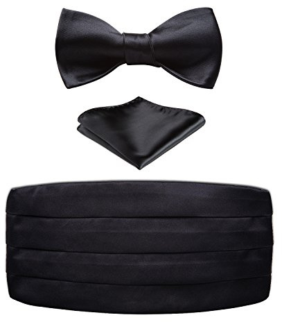 HISDERN Herren Kummerbund Schwarz mit Fliege und Einstecktuch Formelle Satin Einfarbig Kummerbunde für Männer, 3er Set Schärpe Verstellbar Band