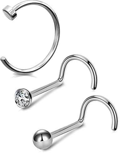 OUFER 20G 0.8mm 3stk Titan Nasenpiercing Ring Hoop Nasenring C Form CZ Nasen Piercing Nase Nostril Twist Stecker Dünn Nasenstecker Nasenspirale Schmuck Nose Ring Earring Screw Jewelry