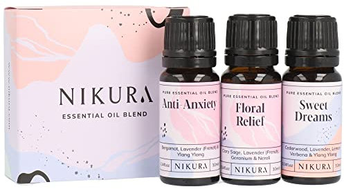 Nikura | De-Stress Essential Oil Blends Set - Floral Relief & Sweet Dreams | for Aromatherapy, Soap and Candle Making, Sleep, Diffusers for Home, Vegan, 100% Pure and Natural