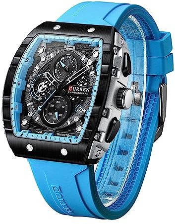 FORSINING Herren-Armbanduhr, modisch, analog, Quarz, rechteckig, großes Zifferblatt, Silikonband, wasserdicht, Militär-Uhren, Kalender, Datum, blau