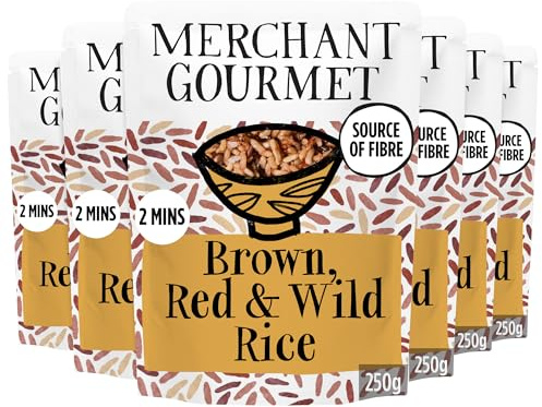 Merchant Gourmet Brown, Red, Wild Microwave Rice - Pack of 6 x 250g Pouches, Source of Fiber, Low Fat & Vegan, Ready in Minutes, Plant-based Ready Meal