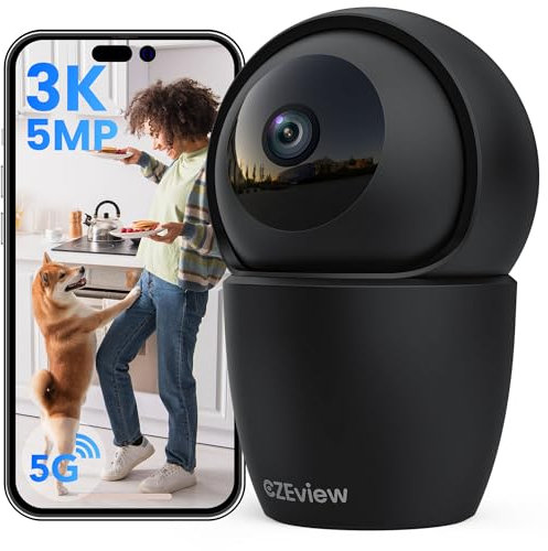 CZEview 3K(5MP) Caméra Surveillance WiFi intérieure 360°, 2.4&5Ghz WiFi, Vision Nocturne, 360°, Caméra Bébé Animaux Chien Chat, Détection & Notification (Noire)
