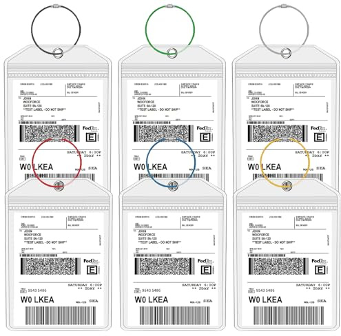 Extra Large Golf Luggage Tag Holders, 6 Pack Waterproof Plastic Zip Seal Pouch Shipping Label Holder with Sturdy Steel Loop for Golf Club Travel Luggage Bag (6 Pcs with 6 Colors Rings)