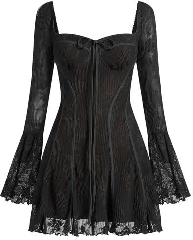 IBAKOM Mini Robe Sexy Vintage Longue à Manches Cloche Robe de Fête Fleurie à Volants en Dentelle A Line Flowy pour Femmes