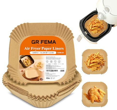 GRIFEMA Carta Forno per Friggitrice ad Aria 100 Pezzi, BPA Free, Monouso, 16-20 cm, 2.2-4.5 L, Naturale Carta per Friggitrice ad Aria Quadrati per Air Fryer, Forno, Padelle, Microonde
