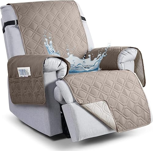 QQJIN 100% Waterproof Recliner Chair Cover with Pockets, Elastic Strap, Non-Slip Recliner Armchairs Covers, 1 Seat Anti-fouling Recliner Cover for Kids, Dogs, Pets,Taupe,1 Seater