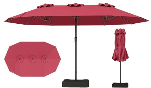 RELAX4LIFE Grand Parasol Double avec Pied 4,7M, Grand Parasol de Jardin Extérieur avec Manivelle, 12 Baleines, Base Croix, Sacs de Sable, Ventilé, Protection Solaire pour Terrasse Marché (Rouge)