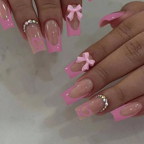 Goiern 24 pcs capsules d'ongles françaises autocollantes avec décorations, faux ongles moyens, autocollants, jolis autocollants pour ongles (rose)