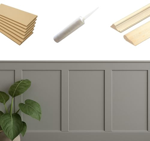 Full KIT Shaker Wall Panelling Kit Dado & Picture Rail DIY 3D Wall Panels MDF 6/9mm Decorative Interior Wall Cladding Custom Build Panel Kit Paintable Easy‑Install Feature Wall (10x 100cm Long Panel)
