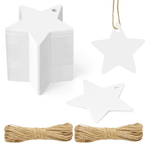 Flintronic presentetiketter, 120 stycken kraftpapper stjärnetiketter, 6 * 6 cm med 20M jutegarn, för bröllop, födelsedagar, alla hjärtans dag och hantverk - Vit