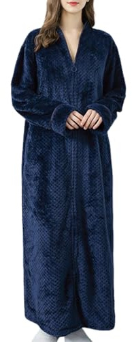 Oanviso Peignoir De Bain Femme Eponge Long Epais Chaude Maxi Robe De Chambre Hiver Polaire Tout Doux Pyjama Kimono Tissu Confortable Éponge Zippé Large Eponge Sweat A Bleu Marine 3XL