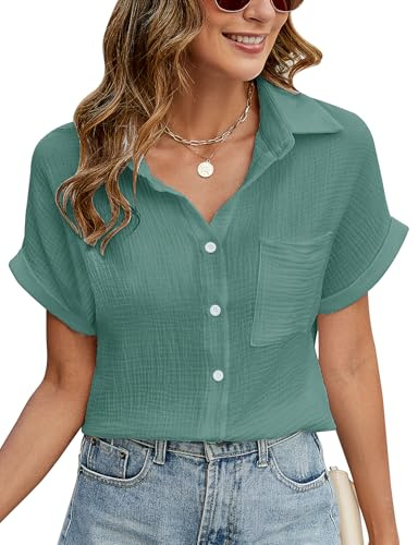 PASUDA - Blusa da donna estiva elegante, con scollo a V, bottoni, camicia casual in cotone, a maniche corte, con colletto a revers, camicia basica, maniche a tunica, magliette, top, verde acqua, M