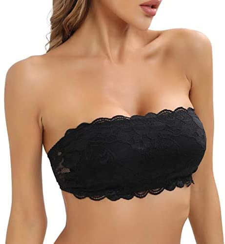 Cavotor Lace Strapless Bra for Women Wireless Bandeau Bra Seamless Padded Bralette Tube Top Sexy Stretchy Comfortable Bras with Clear Invisible Straps (Black,L)