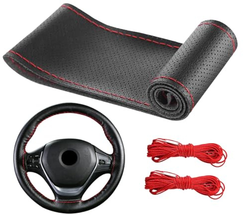 Coprivolante Auto in Pelle da Cucire, Foderatura per Sterzo 38cm con Perforazione Completa e Cucitura Rossa, Kit di Installazione Fai-da-Te per Guida Comoda e Sicura