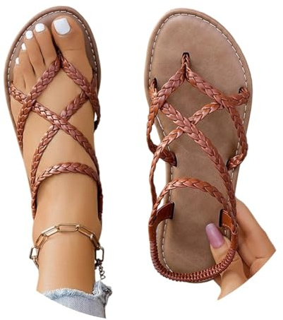 HEMNACU Sandales d'été plates pour femme avec orteils séparés pour les loisirs Style bohème Sandales élégantes et confortables avec lanières décontractées avec bout ouvert et talon ouvert pour la