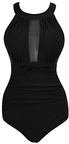 Viloree Women's Swimsuit One Piece Monokinis Swimming Costume Swimwear High Neck Mesh Black L