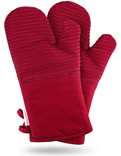 AVACRAFT Oven Mitts Pair, Flexible, 100% Cotton with Unique Heat Resistant Food Grade Silicone, Thick Terry Cloth Interior, 500 F Heat Resistant (Red Oven Mitts)