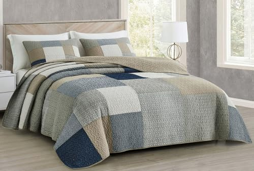 Chezmoi Collection Addy 3-Piece Navy Blue White Gray Taupe Plaid Patchwork Quilt Set - Pre-Washed Cotton Coverlet - Lightweight Reversible Bedspread, Queen Size