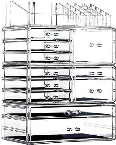 Cq acrylic Clear Makeup Storage Organizer Drawers Skin Care Large Cosmetic Display Cases Stackable Storage Box With 11 Drawers For Dresser 1 Pack