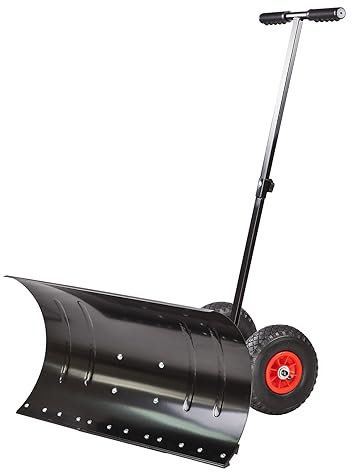 Pala de nieve de metal, pala para nieve con señal de espacio, 74 cm, orientable, ruedas neumáticas + mango deslizante ajustable