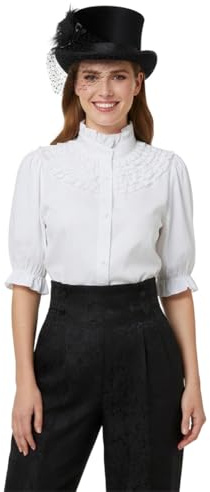 Camisa victoriana renacentista para mujer, cuello alto, media manga, vintage, medieval, campesina, blanco, L