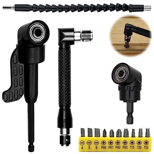 14 Piezas Vástago Hexagonal Extensión Set, 2 Adaptadores de Taladro de 105 Grados, 1 Extensor Flexible para Brocas, 1 Enchufes para Destornillador de L-forma, con 10 Screwdriver Bits