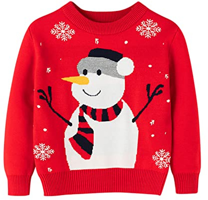 YCBMINGCAN Jersey de Navidad para niños pequeños, niños, dibujos animados, impresión de muñeco de nieve, jersey de manga larga, cálido, jersey de punto, camiseta de punto para niños (Rojo, 5-6 años)