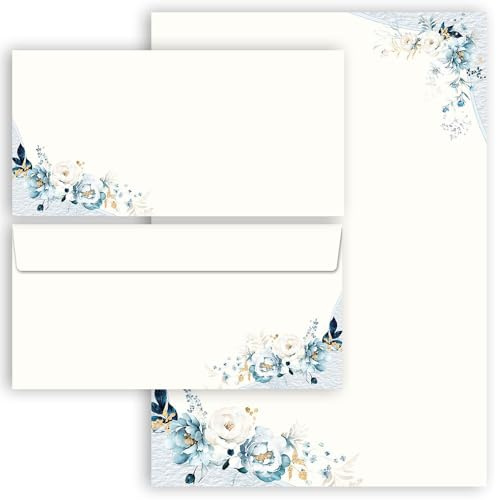 Writing Paper Set, 20 Pieces, Blue Flowers, 10 Sheets of Writing Paper + 10 Matching Envelopes without Window, DIN A4 & DIN Long in a Set, Letter Paper with Envelope