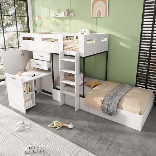 Lit cabane enfant 90x200 avec sommier avec bureau extensible et armoire,lit superposé enfant,lit mezzanine 2 places,lit mezzanine escalier,lit enfants avec tiroir,lit enfant avec barriere,blanc