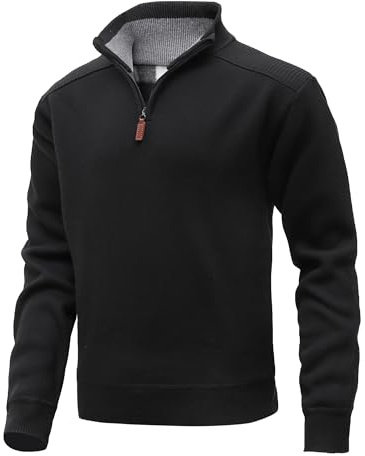 MeiLayM Jersey de Punto Sueter Hombre Manga Larga y Media Cremallera Otoño Invierno Jersei Clásico de Cuello Alto de Canalé Suéter de Punto Negro,L