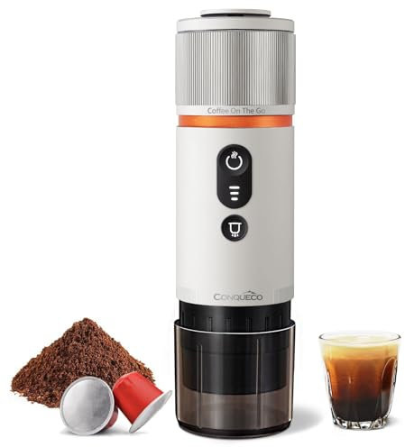 CONQUECO Macchina da Caffè Espresso Portatile - Caffettiera Elettrica da Viaggio con Batteria - per 12V Auto e Camion e Campeggio - Compatibile con la Capsula Nespresso e la Capsula L'or (Bianco)