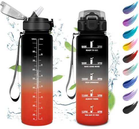 KollyKolla Bouteille 1L, Gourde Sport avec Paille, Gourde Grande Marqueur de Temps, Reutilisable, Bouteille d'eau Étanche, pour Running, Fitness, Yoga, Bureau, Gym