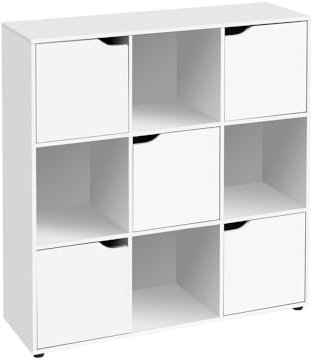 LOLAhome Estantería de Madera, Librería, Estantería Cubo con Puertas y Compartimentos Abiertos, Mueble almacenaje, en Color Blanco de 90x29x90 cm para para Estudio,Dormitorio, Salón y Oficina
