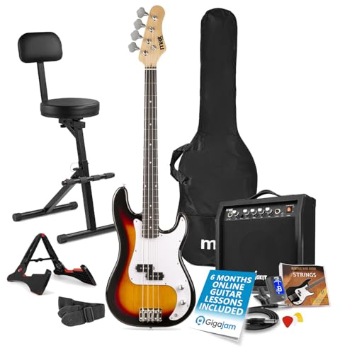 Max GigKit Beginner Bass Guitar Bundle with Electric Sunburst Guitar, 40W Amplifier, Stool, Bass Lessons & Complete Accessory Pack for New Players & Musicians