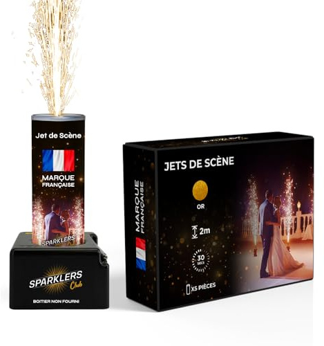SPARKLERS CLUB Jet de Scène à Étincelles 2 Mètres 30 Secondes pour Intérieur et Extérieur - Couleur Or ou Argent - Idéal Mariage, Soirée, Anniversaire - Pack Artifice Catégorie F1 (Or / 5 Jets)