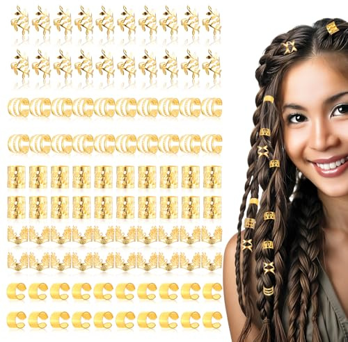 Ouligay 100pcs Gold Hair Cuffs Charms Rings for Braids, Gold Hair Jewellery Clips Accessories for Braids, Adjustable Dreadlock Accessories Braid Clips Jewelry for Men Women Festival