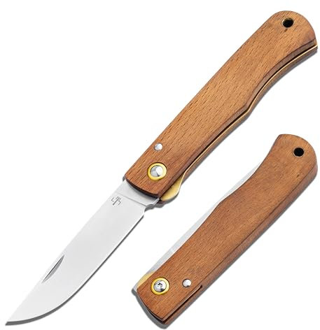 BÖKER PLUS® Rusticus – 42a konformes Taschenmesser mit Holzgriff – legales Zweihandmesser mit Linerlock – klassisches EDC Klappmesser mit 420 Clippoint-Klinge & Nagelhau