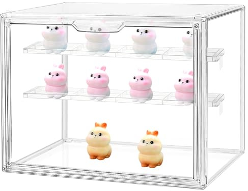 Acrylic Display Case for Figures, 2 Tier Dustproof Action Figure Cabinet | 30x17.9x24.6 cm clear PET display box with magnetic door and removable shelf. Stackable design for collectible figures.