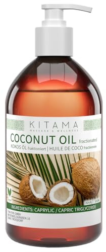 Kitama kokosolja fraktionerad 500 ml | Neutral massageolja från kokosnötter | Vegetabilisk bärarolja för eteriska oljor | för vård av hud och hår | kokosolja fraktionerad är alltid flytande och | Flytande och neutral vegetabilisk bärande olja gjord av kokosnötter för eteriska oljor samt för vård av hud och hår