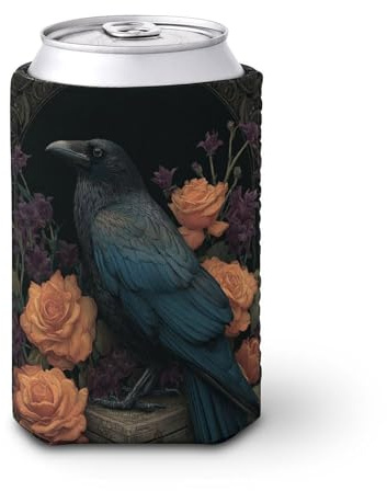 Beer Can Cooler Sleeve,Crow on an Old Wooden Crate Gothic Can Cover Beer Cooler Soft Insulated Beverage Holder for Party Beach Event Home